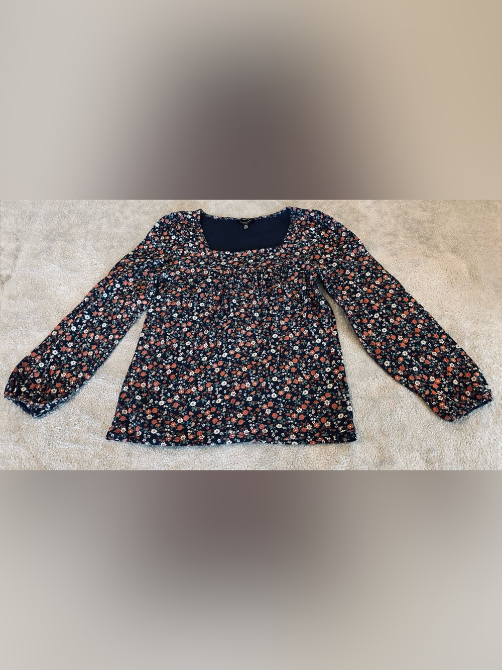 Women’s Lucky Brand Navy Floral Square-Neck Long-Sleeve Blouse Size Medium